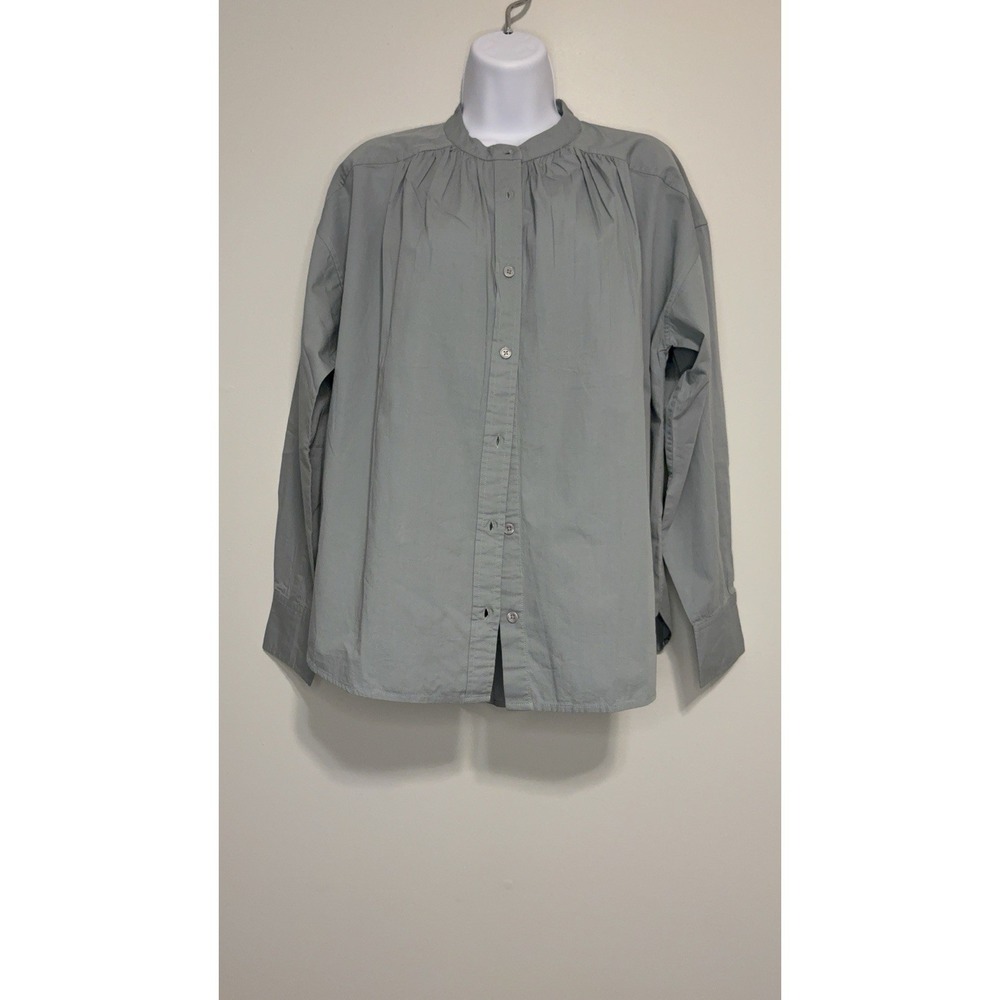 100% Cotton Voyageur Mersea Moss  Button Front Pleated Long Sleeve Blouse L NWT